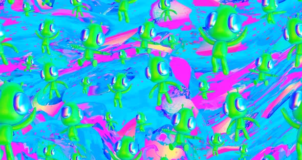 4k motion design. 3d animation seamless pattern. Funny alien in abstract space