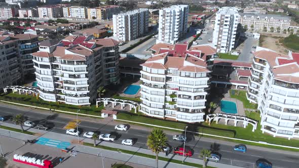Road, First line buildings (La Serena, Chile) aerial view, drone footage