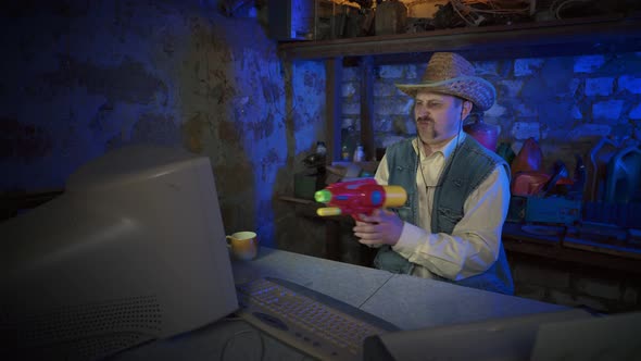 A cowboy in a straw hat plays a computer game