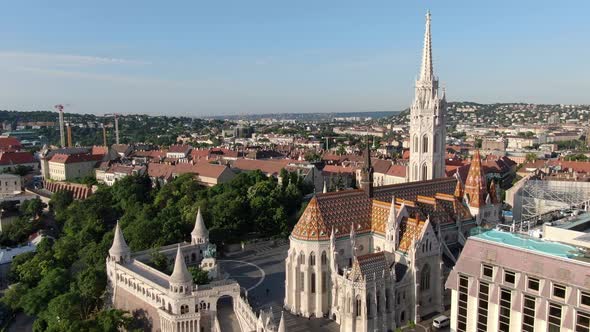 Drone shot of Matthias Church and Budapest cityscape, capital of Hungary, Europe