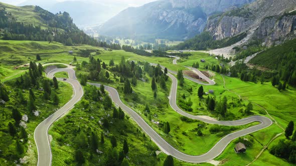 Winding road at Passo Gardena, Dolomites, aerial view