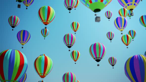 Large fleet of multi-colored hot air balloons. Group of smooth-shaped airships