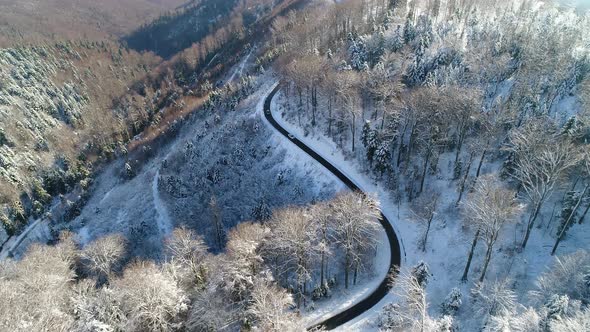 Aerial view of Cars driving on curvy winter country road in snowy forest