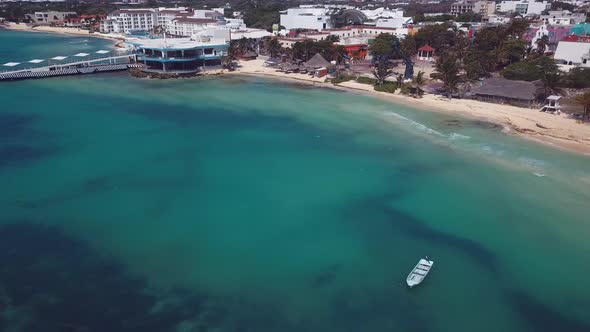 4k 24fps Drone Shoot Of Beach Empty Without People In Playa Del Carmen And Boat In The Water