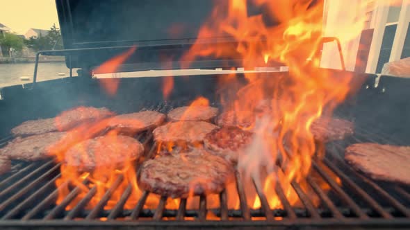 American Barbecue Food on Hot Grill with Fire