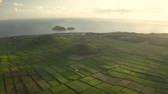 Aerial view of two volcano with plantation field on Terceira Island