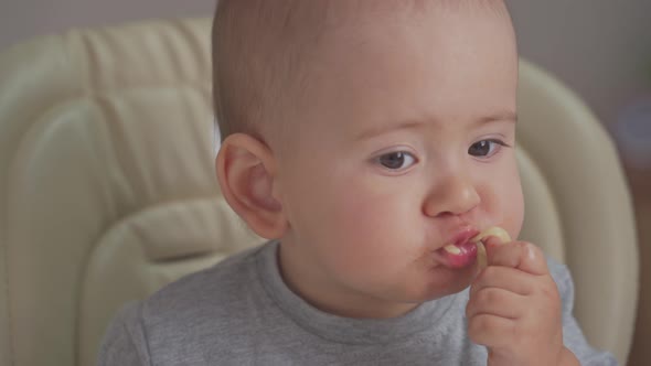 Toddler independently eats spaghetti with his hands