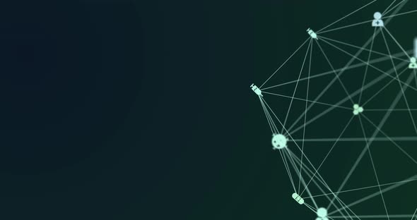 Animation of digital interface and globe of network of connections with white icons turning on green