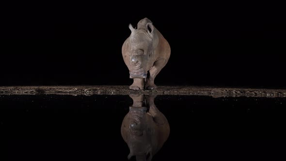 Cautious White Rhinoceros is reflected in black pond water at night