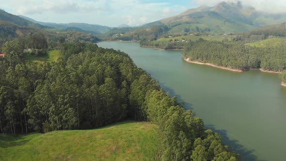 Aerial View Beautiful Nature with Mountains and Hills By Lake Mattupetty