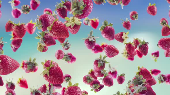 Strawberry with Slices Falling on Beach Background