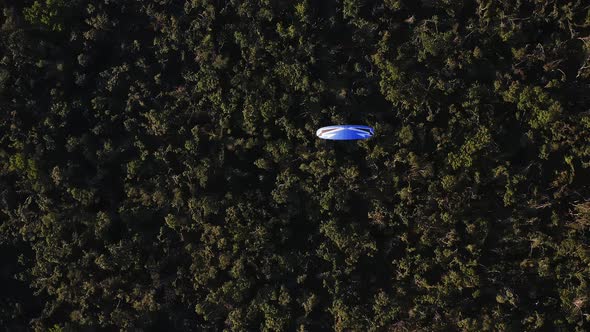 Topdown Aerial View of an Enginepowered Paraglider Flying Over a Green Forest
