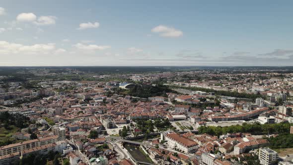 High angle view above Leiria with its castle in the center; Portugal