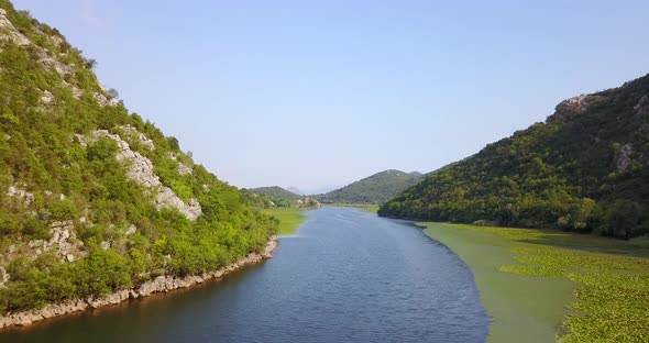 Aerial drone view of a river in Montenegro.