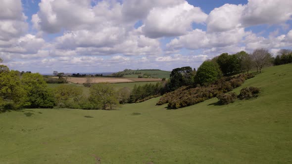 gorse bushes, valley, trees, aerial landscape, aerial, rural, spring season, cotswold landscape, meo