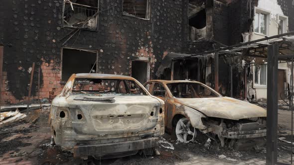 Burnt Houses and Cars As a Result of Artillery or Rocket Fire By the Russian Army in the Kiev Region