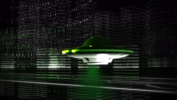 An animation concept of the futuristic alien ufo floating in virtual reality alt