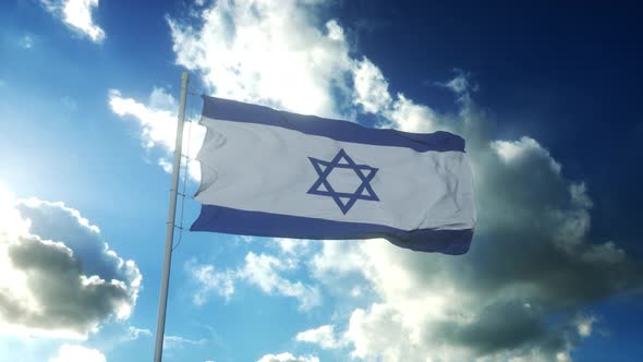 Flag of Israel Waving at Wind Against Beautiful Blue Sky