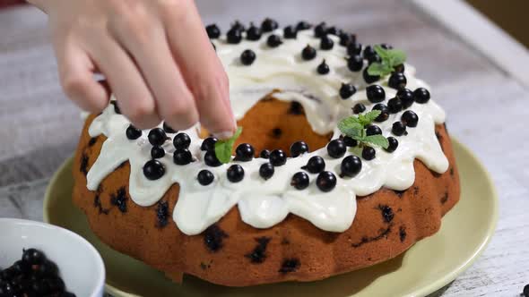 Decorate a homemade lemoncake with blueberries on a wooden rustic background