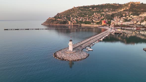 Lighthouse in Sunrıse moment aerial view Turkey Alanya 4 K