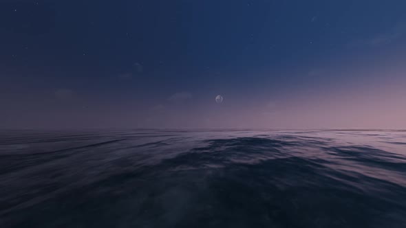 The Sea At Night Panorama With Moon 4k