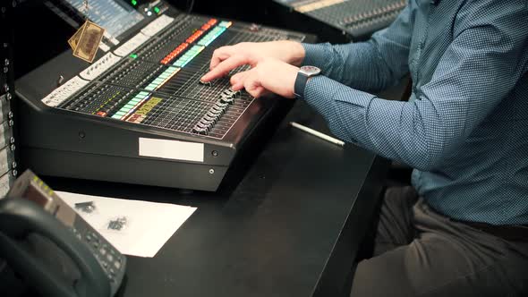 Soundboard Pads TV Station. Sound Designer Used Digital Audio Mixer In Production Studio.