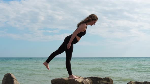 Summer Yoga Ocean Harmony Outdoor Woman Beach Sky