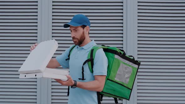 FOOD DELIVERY Enthusiast Opens a Pizza Box and Happily Smiles at the Camera