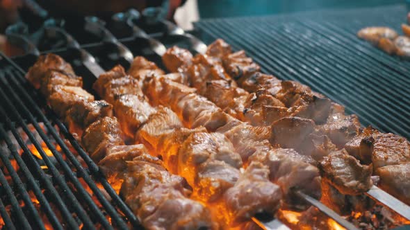 Meat Grilled on Skewers on the Grill on the Street Market