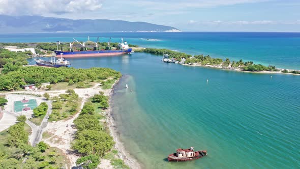 Barahona port in picturesque tropical setting in the Caribbean, aerial