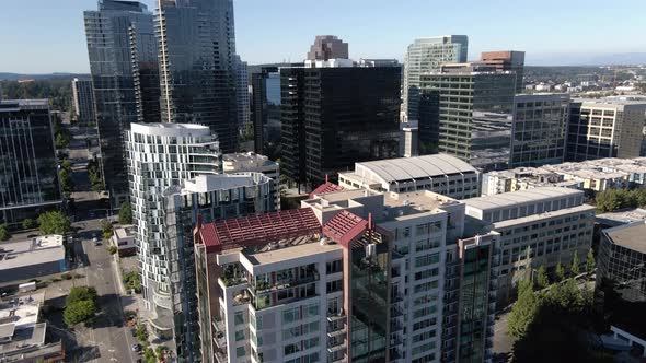 Helicopter Perspective Of Bellevue Washington Skyscraper Buildings On Sunny Day