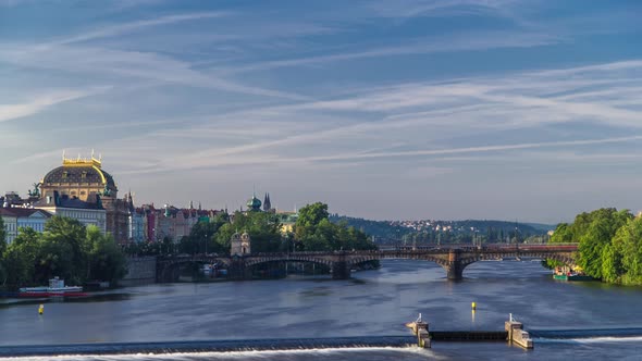 Vltava River Timelapse in District Strelecky Ostrov with the Bridge of the Legions and National