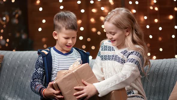 Laughing Brother and Sister Exchanging Xmas Gifts Having Positive Emotion