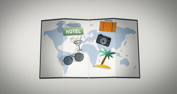 Fold world map with vacation icons popping out. Digital animation on white and black background isol