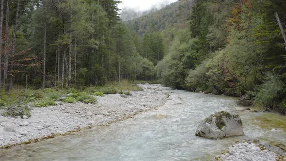 Aerial view of Fast Moving River Surrounded by Forest