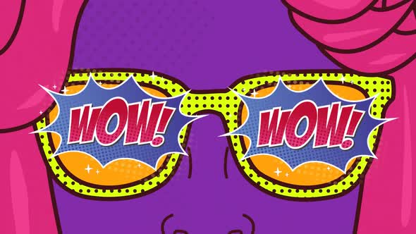 Wow text on speech bubble over woman wearing glasses alt