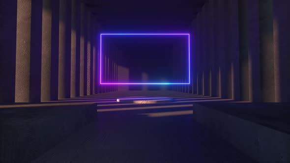 Bright Neon Frame in the Middle of a Stone Concrete Museum