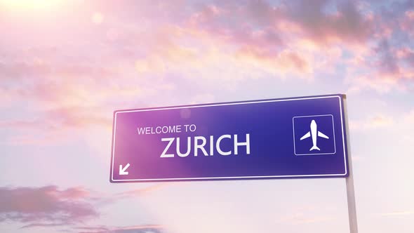 Zurich City Sign Plane Landing in Daylight