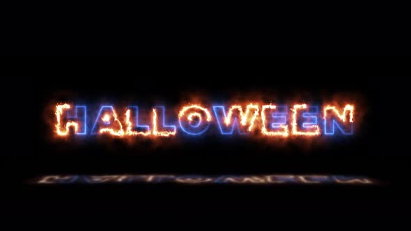 Burning word 'HALLOWEEN' on a black background with reflections on a floor alt