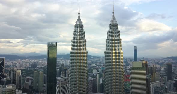 Petronas Twin Towers Aerial Footage, Drone's Moving Towards the Towers, Kuala Lumpur, Malaysia