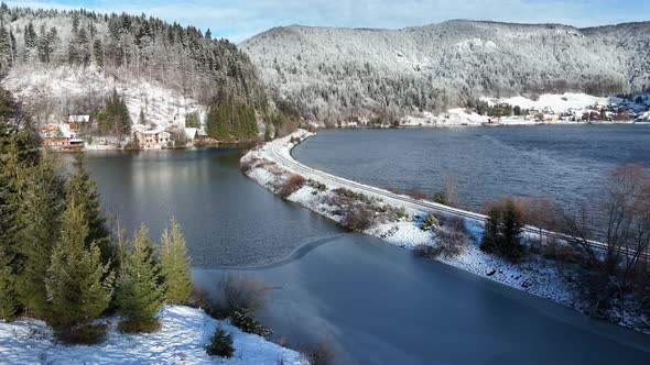 Aerial view of the Palcmanska Masa reservoir in the village of Dedinky in Slovakia