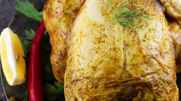 Fried Chicken Lies in a Plate with Parsley Dill and Red Pepper