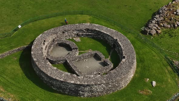 Loher Ringfort, Kerry, Ireland, March 2022. Drone orbits the ancient monument from the northwest as