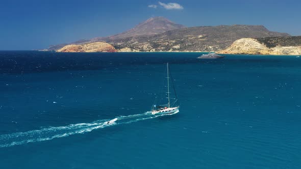 Greece. View of the yacht and the blue sea water. Vacation and travel.