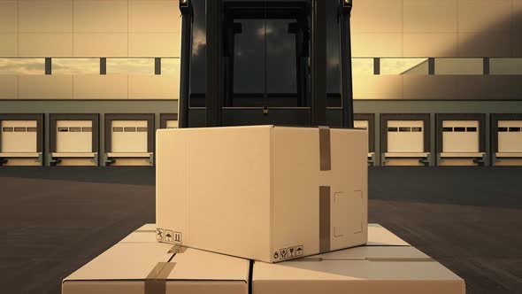 Forklift is loading the pallet of the cardboard boxes on the delivery truck.