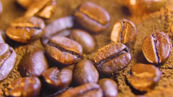 Close Up of Roasted Coffee Beans Spinning Seeds of Coffee