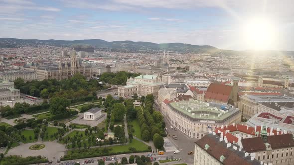 Aerial View of Vienna in the Rays of the Setting Sun, Heldenplatz, Rathaus, Volksgarden and