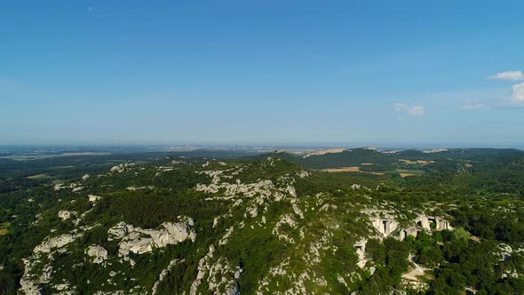 Village of Les Baux-de-Provence in Bouches-du-Rhone in France from the sky