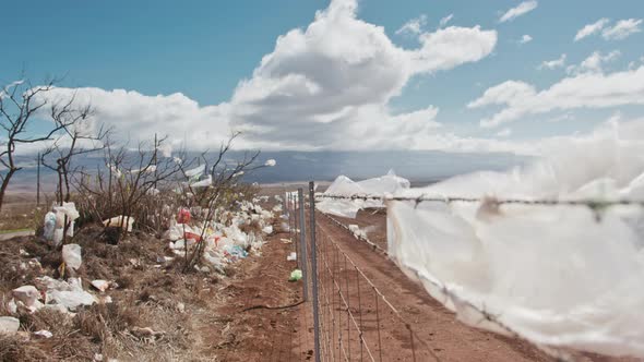 Dump View on Landfill Plastic Bags on Barbed Fence Ugly View of Human Waste