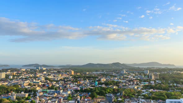 Phuket city aerial scenic view from Khao Rang Hill Park, during near sunset; zoom in - Time Lapse